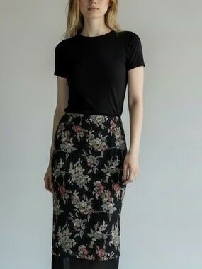 CALVIN KLEIN Black Floral Silk Midi Skirt Semi Sheer 90’s Y2K Vintage 8 Slip